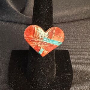 Native American Heart-Shaped Red Spiney Oyster and Turquoise Inlay Ring